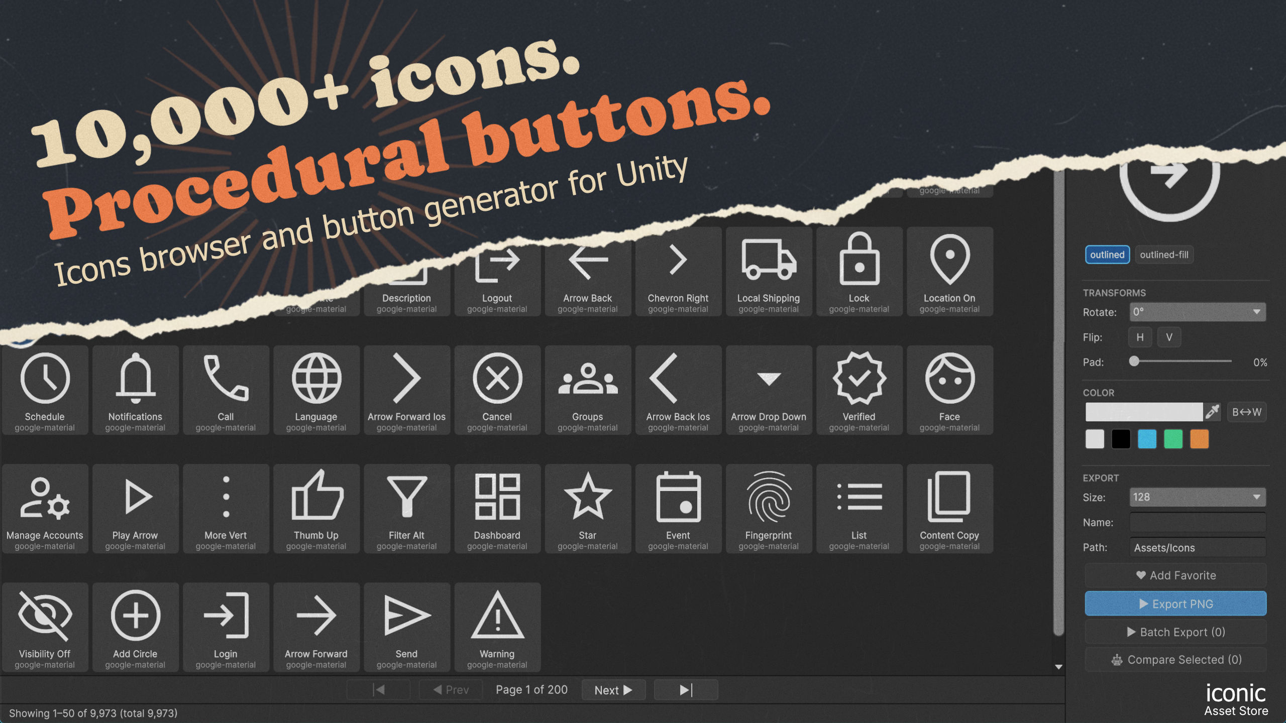 Iconic icon browser inside the Unity Editor — a grid of 10,000+ icons with transform and export controls