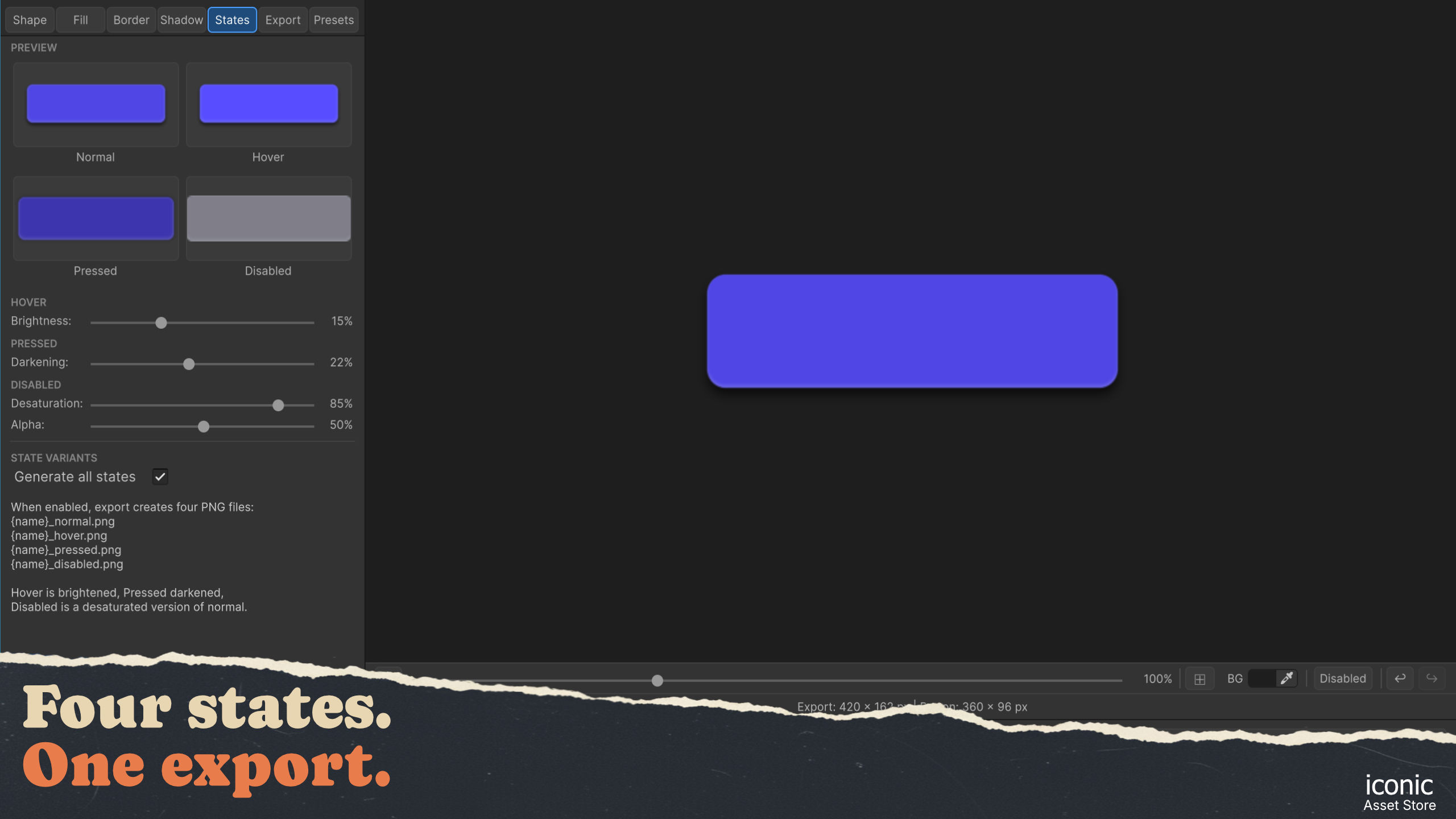 Generating Normal, Hover, Pressed and Disabled button states in Iconic