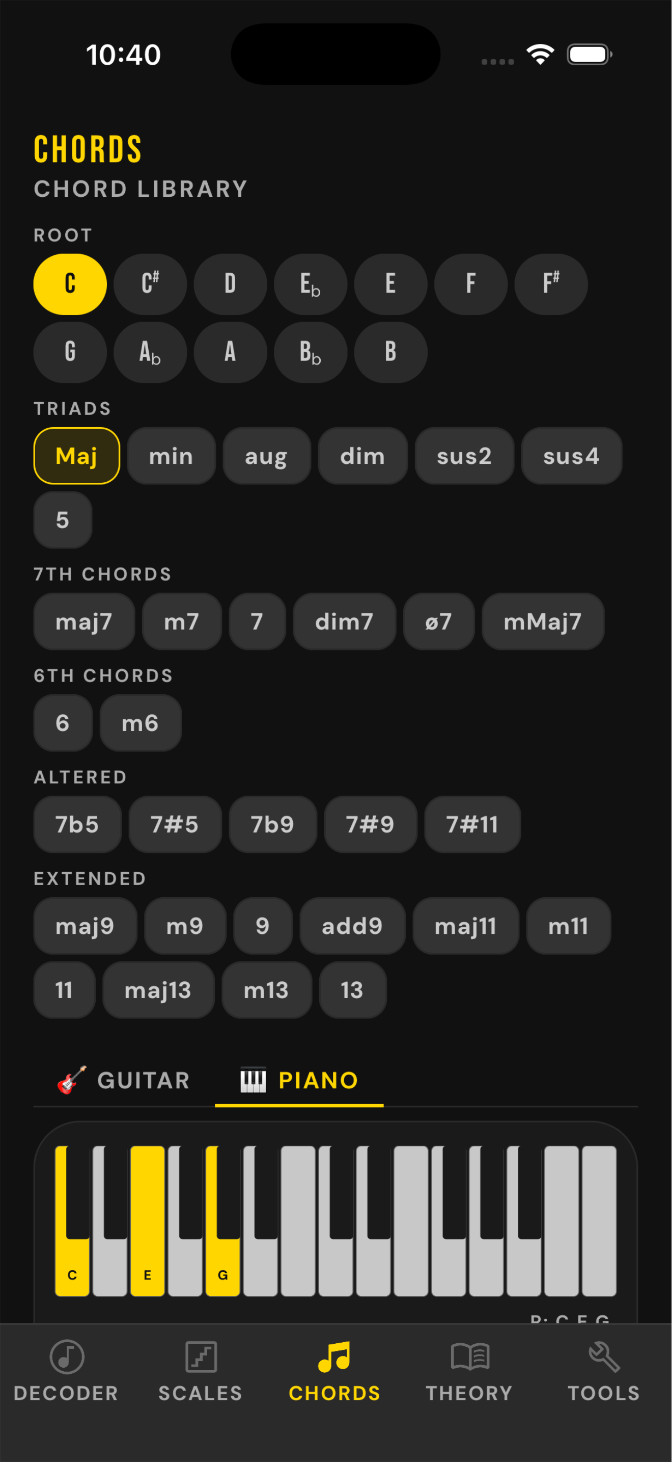 The chord library in Music Theory Decoder with a piano keyboard showing the notes of a chord