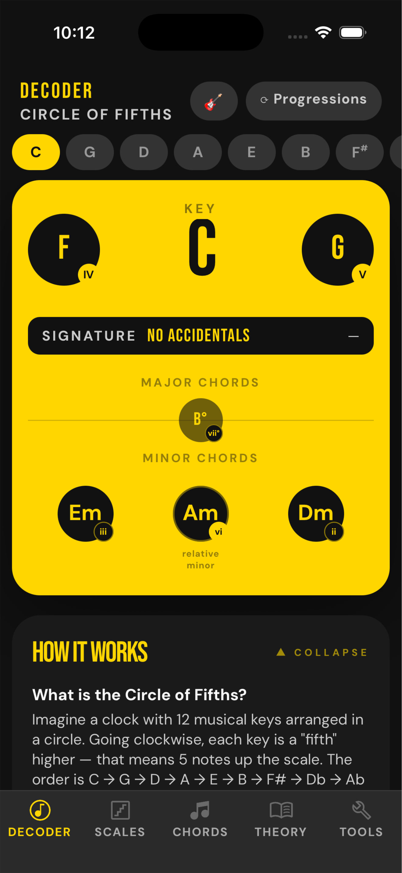 The circle of fifths screen in Music Theory Decoder, showing the key of C with F and G beside it