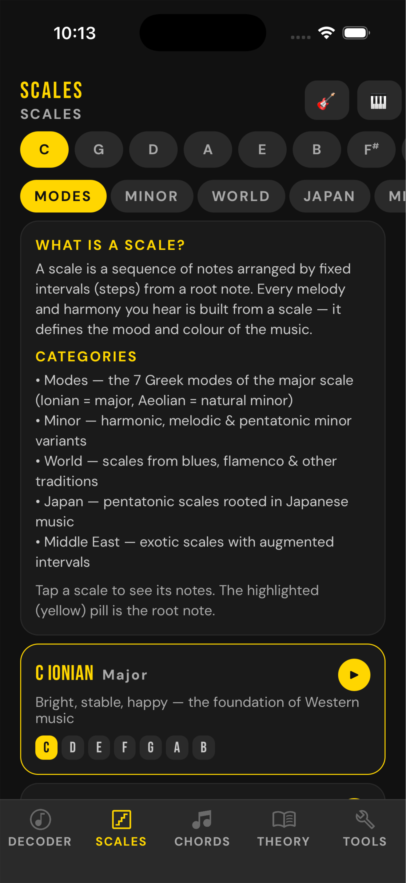 The scales screen in Music Theory Decoder explaining what a scale is, with the C major scale highlighted