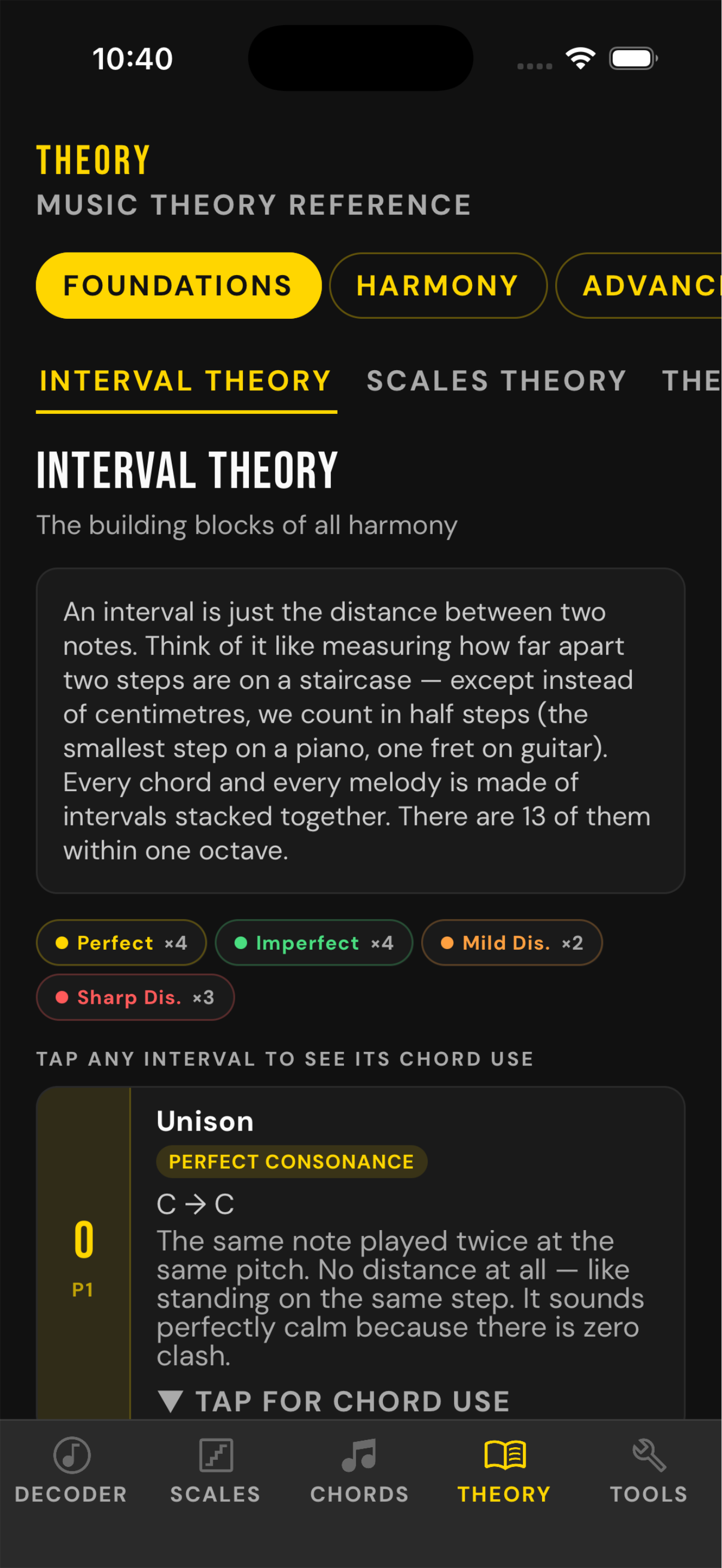 The theory reference screen in Music Theory Decoder explaining intervals in plain language