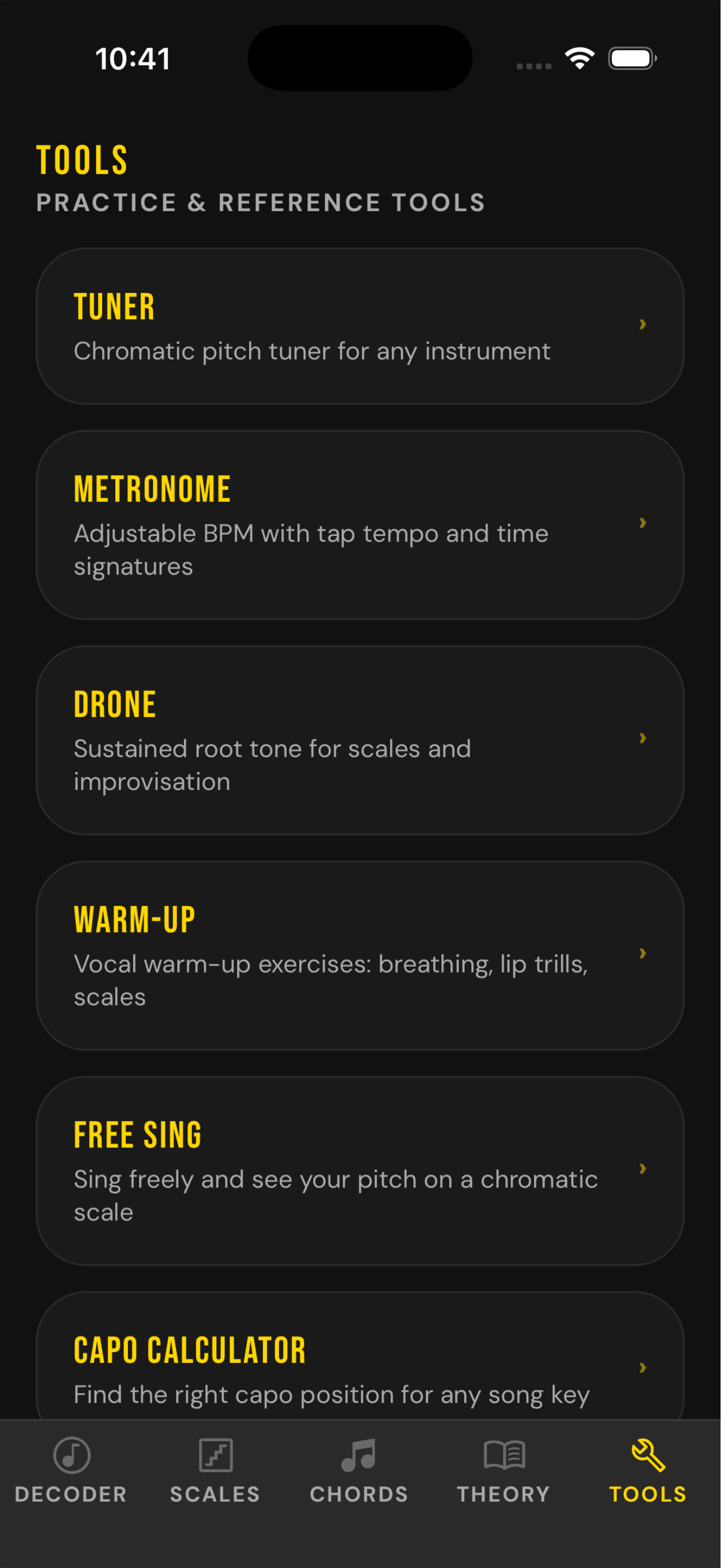 The practice tools in Music Theory Decoder: tuner, metronome, drone, warm-up, free sing and capo calculator