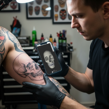 Tattoo artist using a phone with Face Model app open
