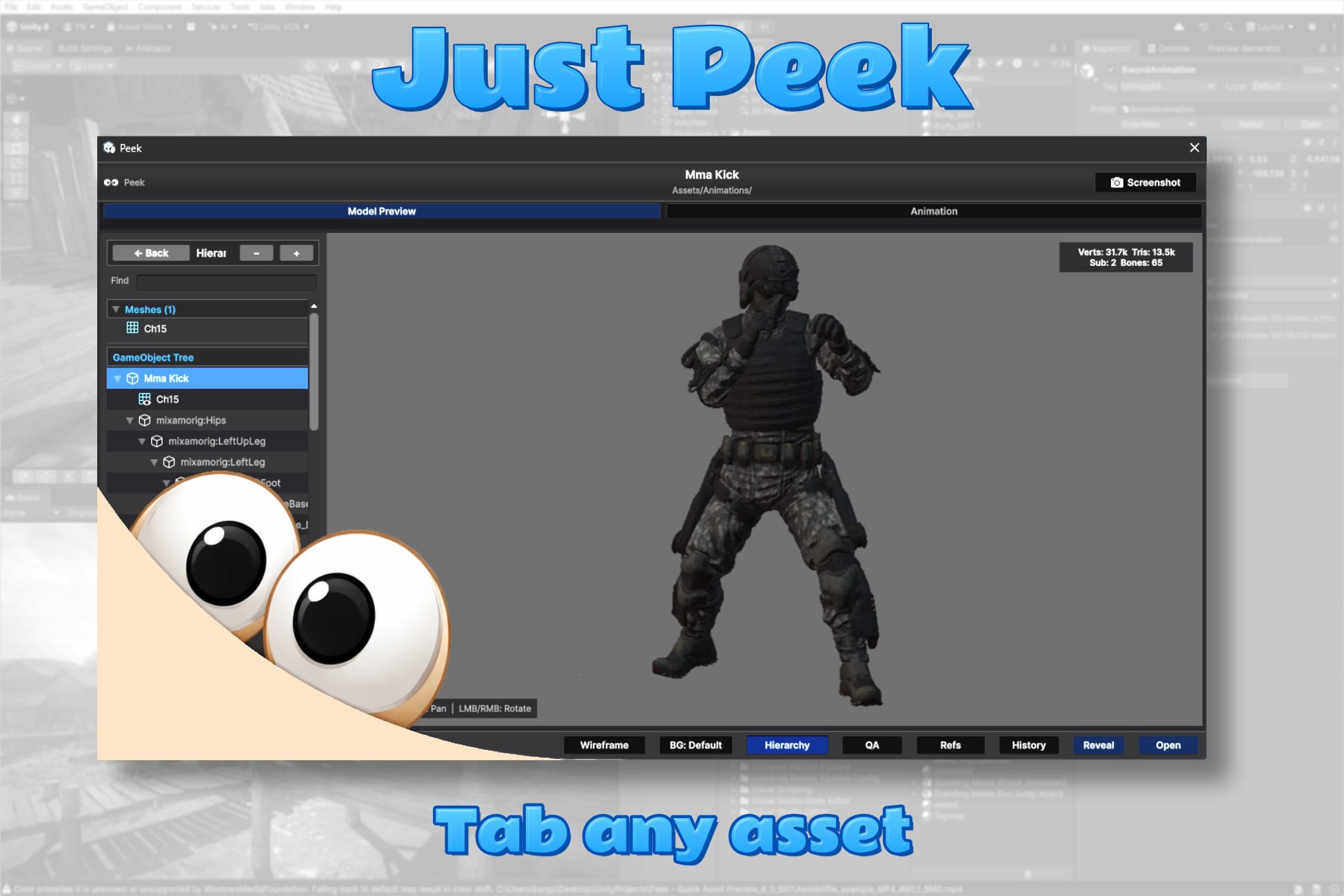 Peek asset preview window open over the Unity Editor
