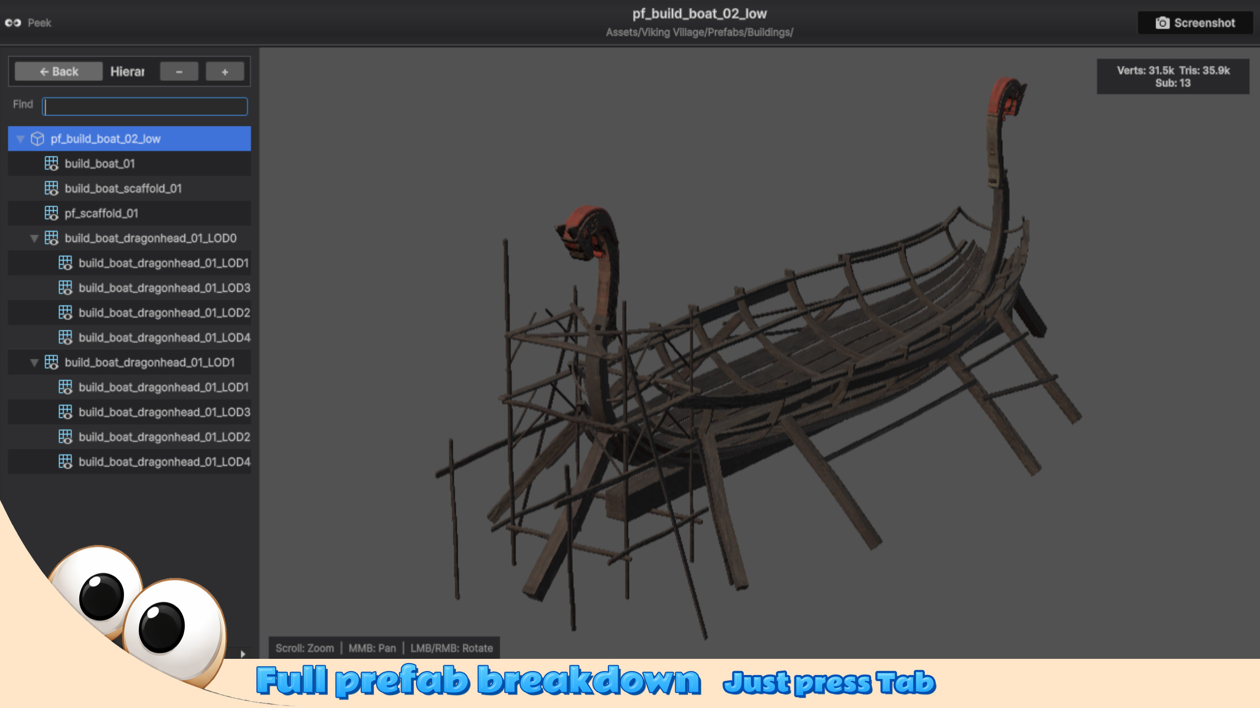 Peek showing a prefab breakdown with its full GameObject hierarchy