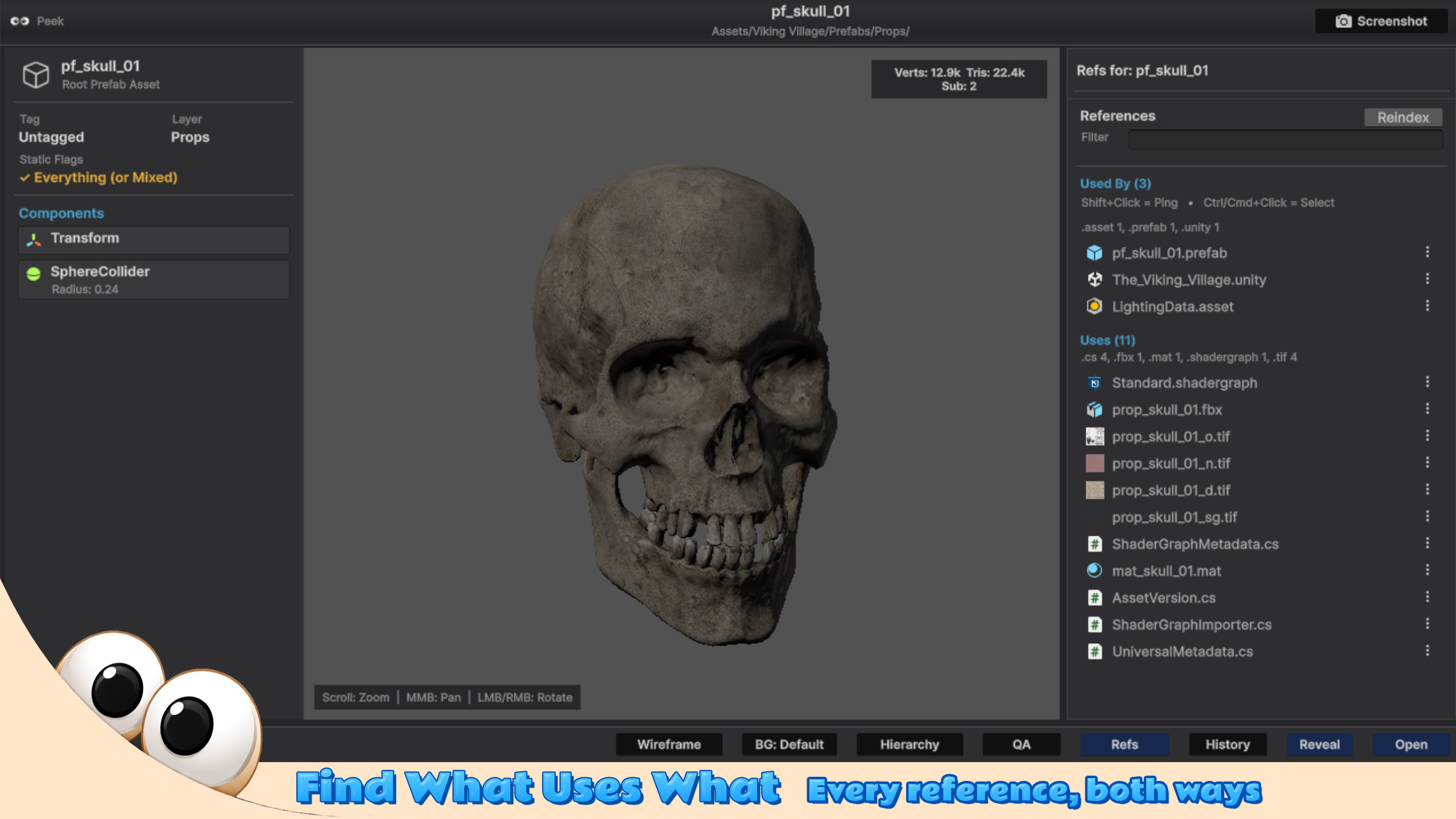 Peek references panel listing what uses an asset and what it uses