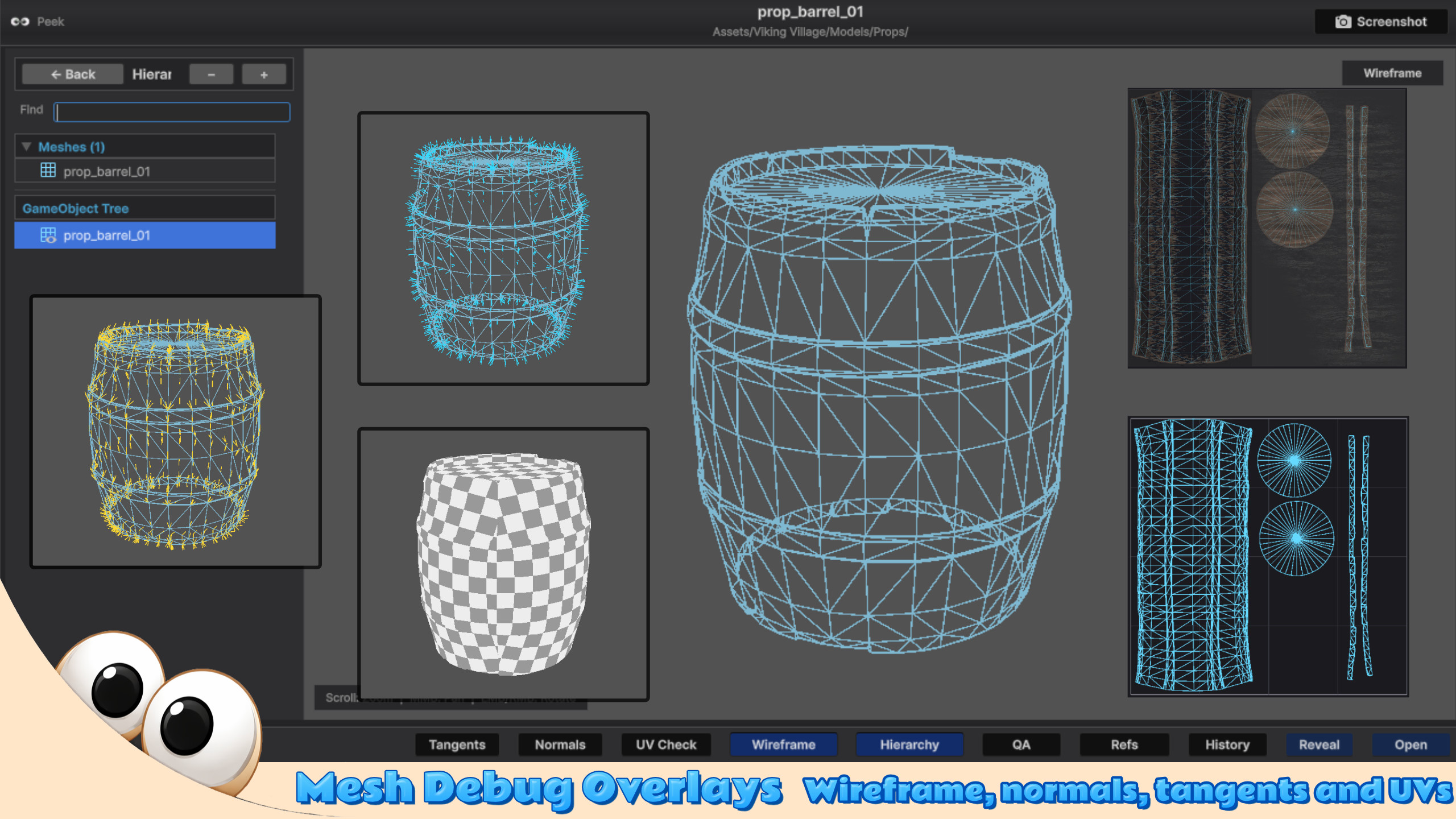 Wireframe, normals and UV overlays